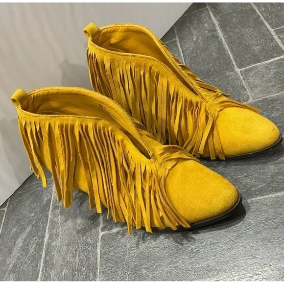 Wild G Golden Yellow Fringe Slip On Bootie Ankle Boot - Picture 4 of 11